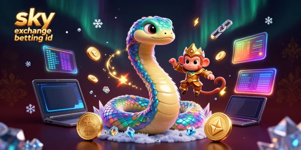 Experience the excitement of sky exchange betting id with a vibrant 3D scene featuring a rainbow serpent, monkey king, and crypto coins.
