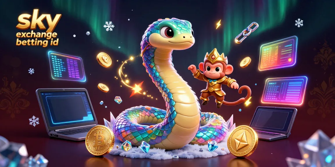 Experience the excitement of sky exchange betting id with a vibrant 3D scene featuring a rainbow serpent, monkey king, and crypto coins.