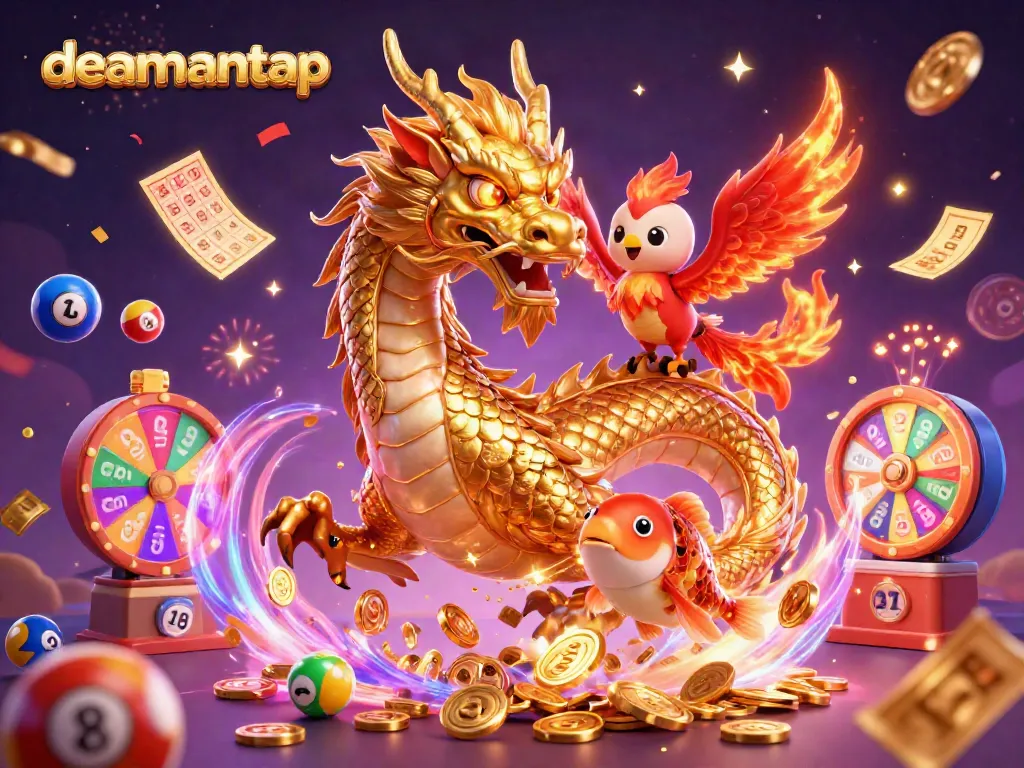 Experience thrilling luck with dealmantap in this vibrant celebration of gambling featuring a golden dragon, phoenix, and koi fish.