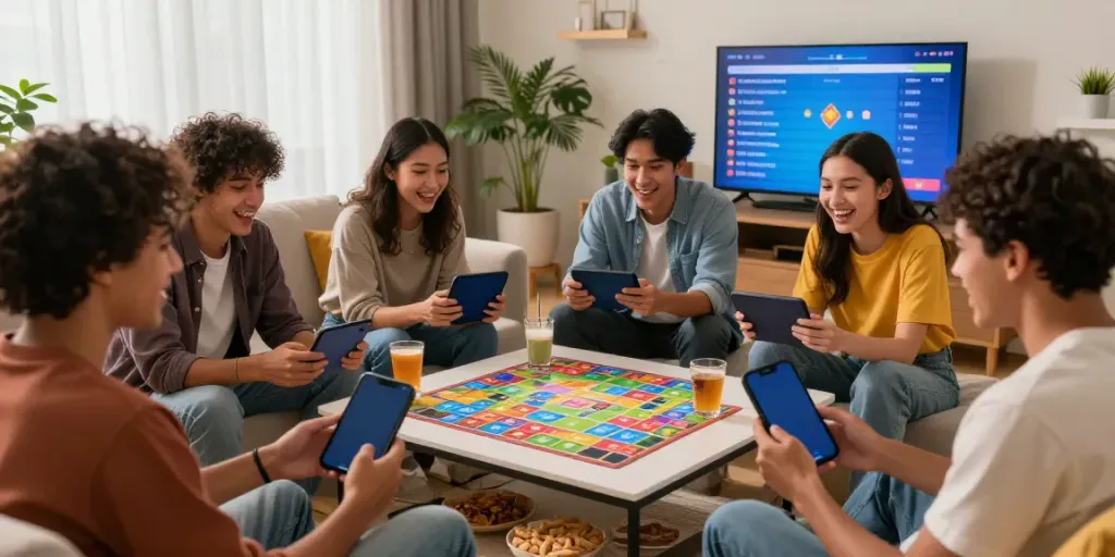 Friends enjoying Rumble Rummy on mobile devices in a cozy living room.