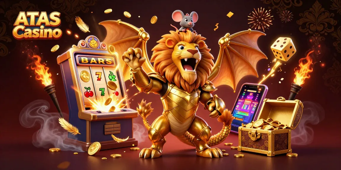 Experience the thrill of ATAS Casino with a dramatic 3D illustration showcasing exhilarating jackpot winning moments amidst dynamic gaming elements.