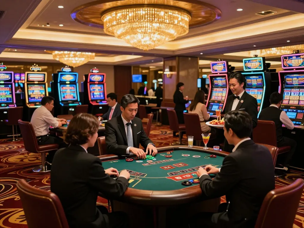 Exciting casino hong kong gaming floor with players at blackjack and slot machines.
