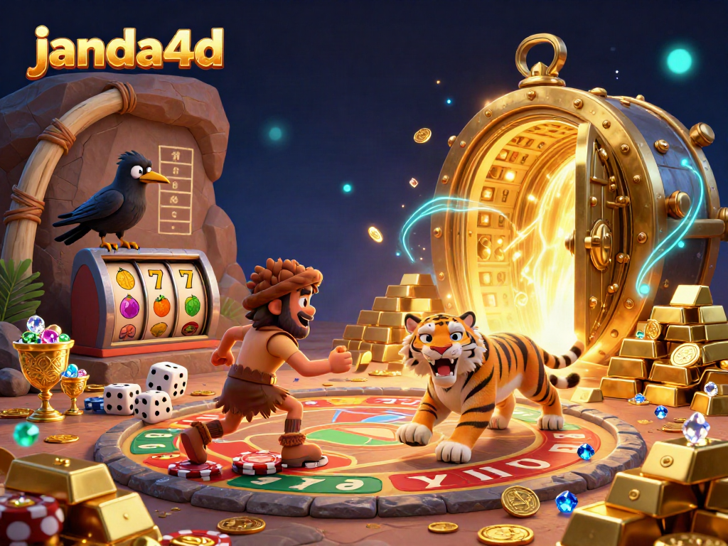 Ilustrasi 3D kartun yang menampilkan kasino prasejarah janda4d dengan elemen slot dan harta karun yang bersinar.
