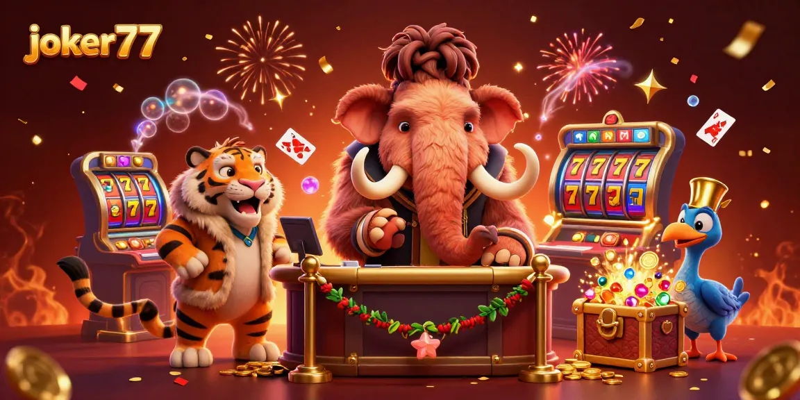 Experience the thrill of joker77 at the vibrant casino door with unique characters and gaming elements.
