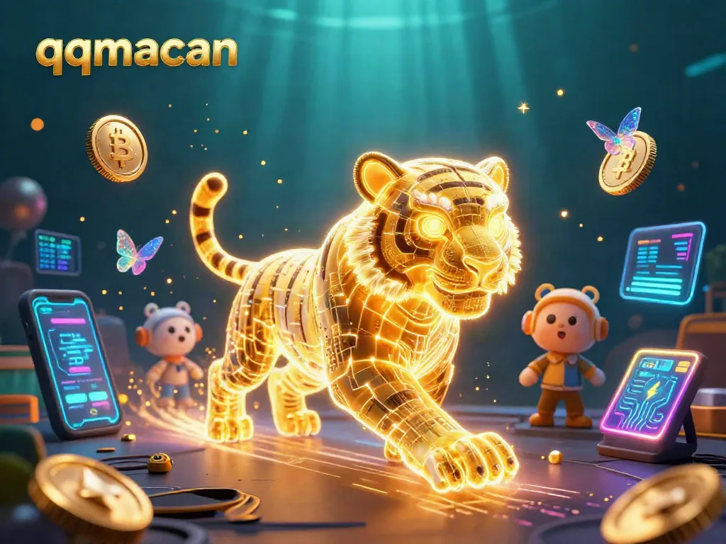 Experience optimized gaming strategies with qqmacan, featuring a neon-light tiger and digital currencies in action.