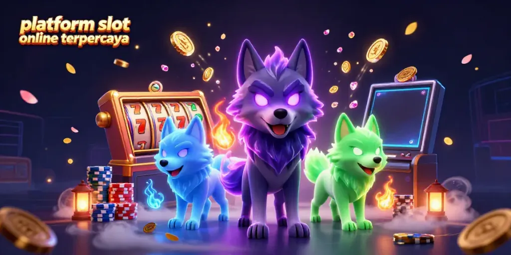 Slot online terpercaya menampilkan karakter serigala di kasino digital dengan elemen valas emas dan simbol keberuntungan.