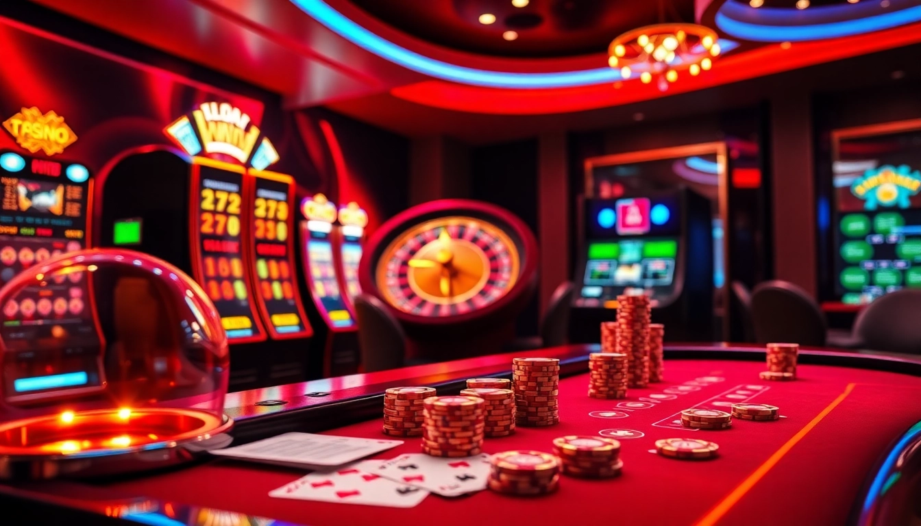 Experience high-stakes gaming at https://789club.quest/ with vibrant displays of slot machines and poker tables.