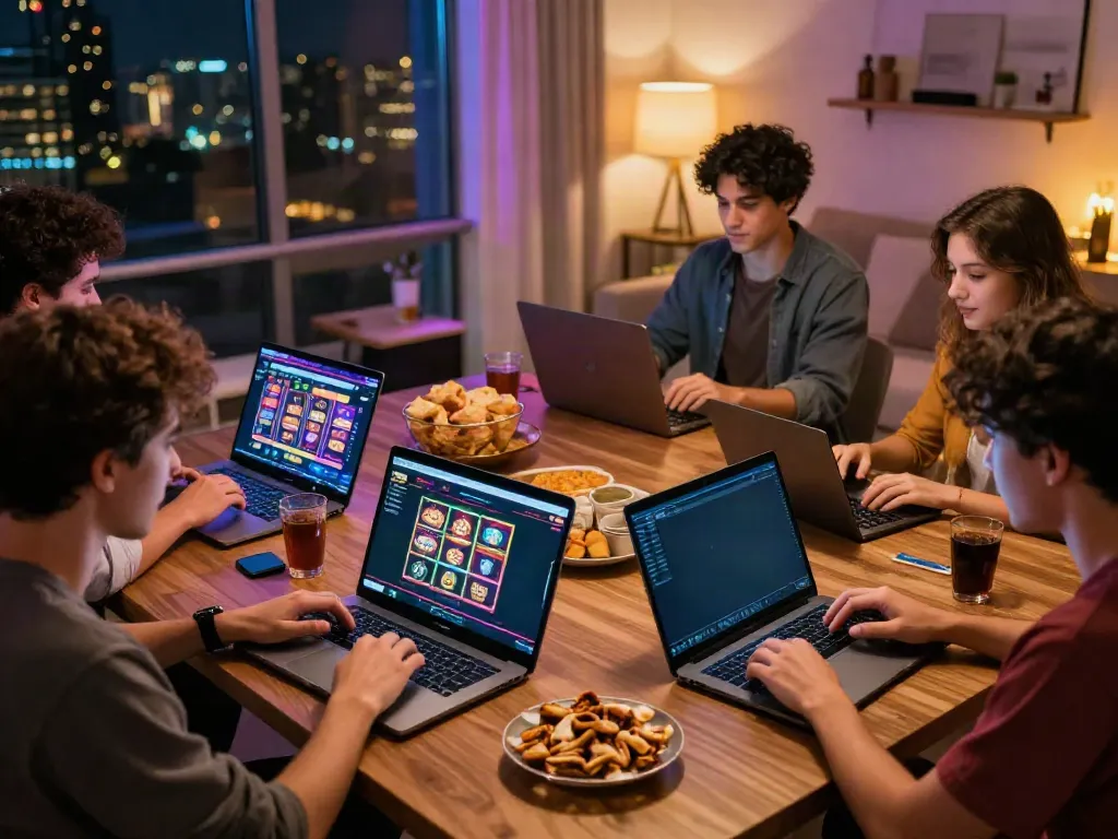 A80 gaming platform scene with friends playing casino games and vibrant graphics.