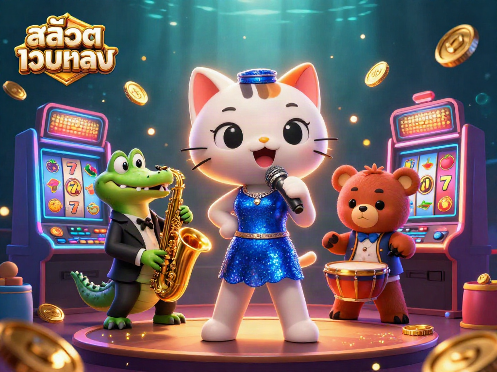 Engage with สล็อตเว็บตรง in this vibrant 3D casino scene featuring colorful slot machines and lively characters.