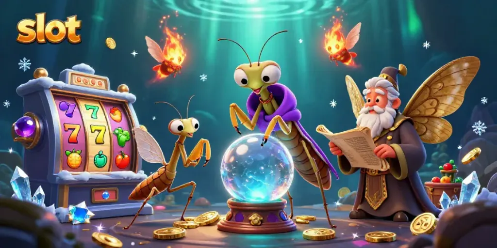 Engage with an enthralling slot machine scene featuring mystical characters and vibrant gaming elements.