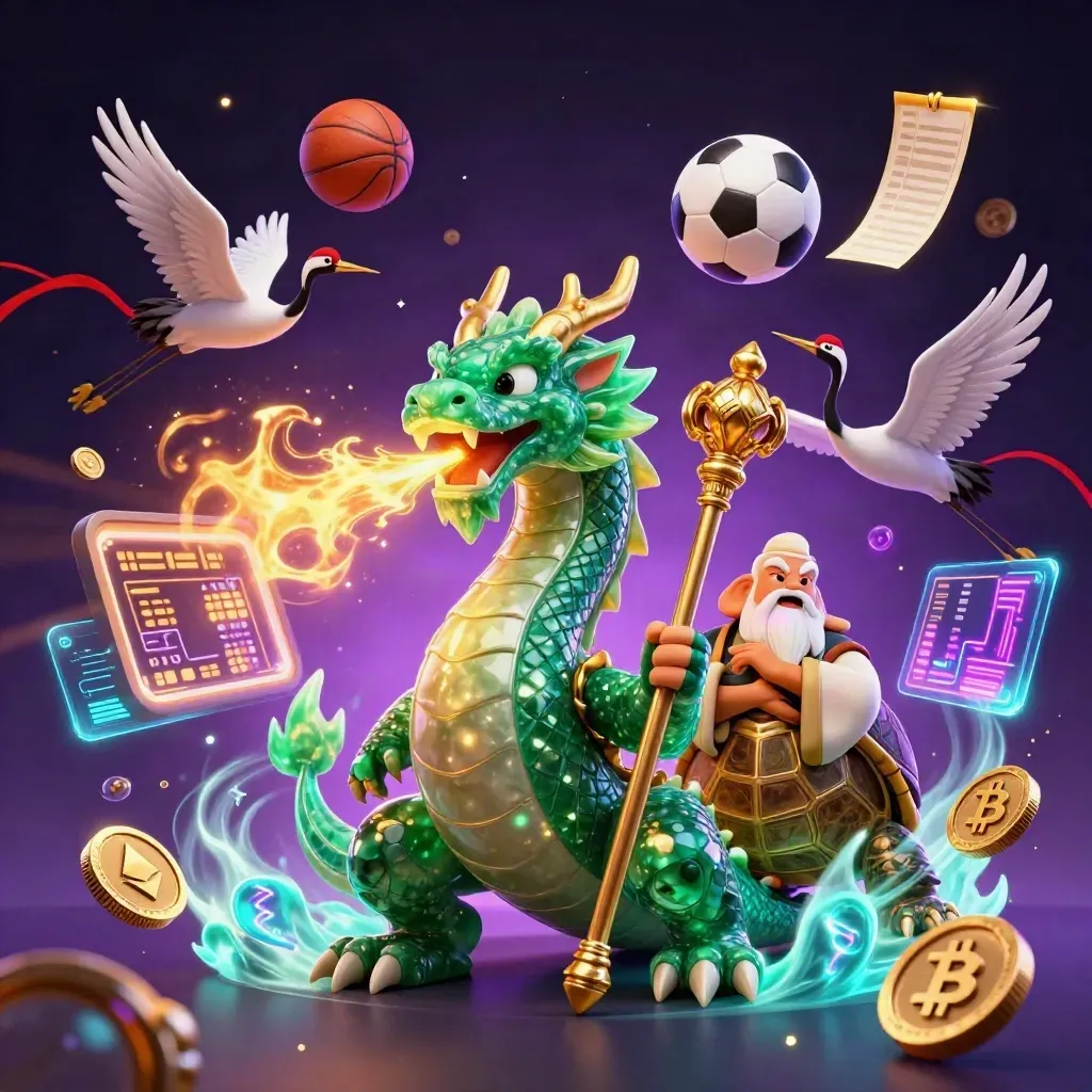 Emerald dragon, turtle sage, and cranes amid glowing sports and crypto energy