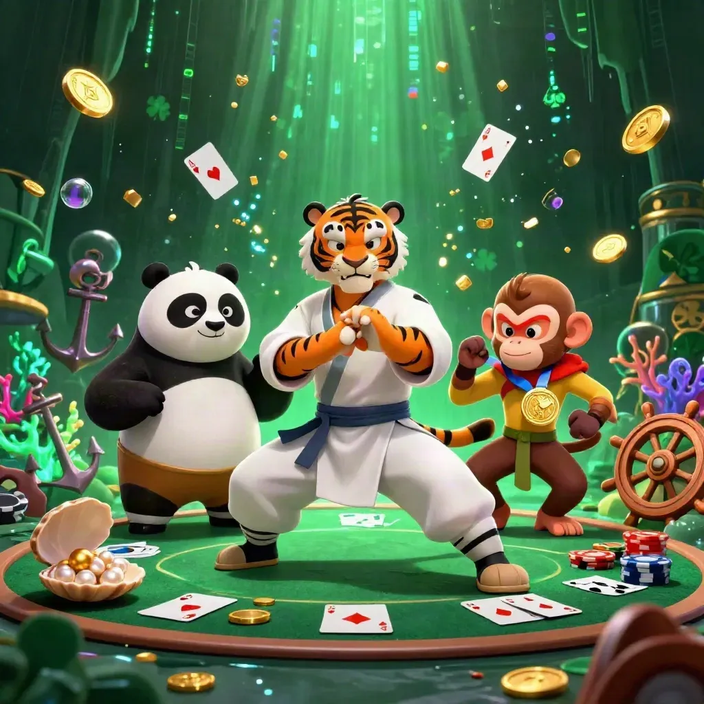 Tiger, panda, and monkey in a glowing poker treasure cove with gold coins and coral