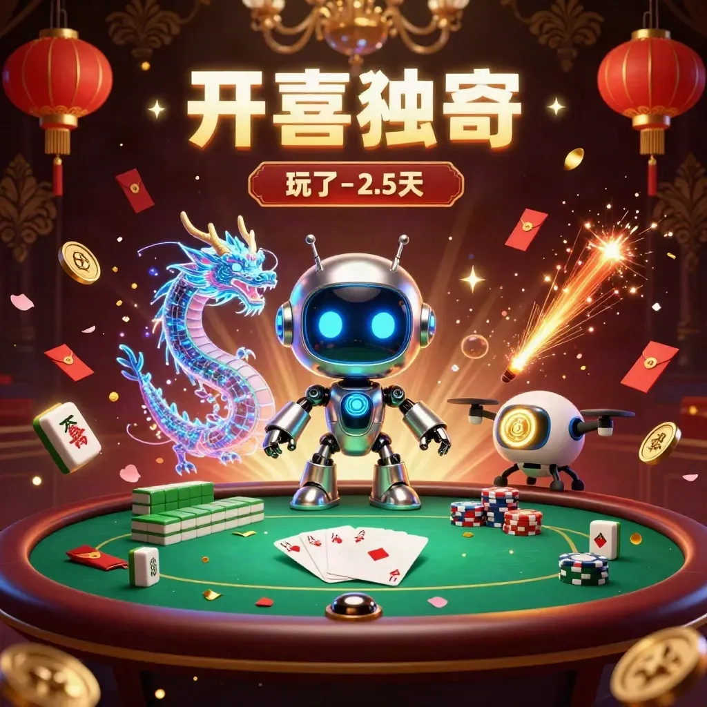 Robot mascot, holographic dragon and coin drone amid poker treasures in a luxe gold-lit casino scene.