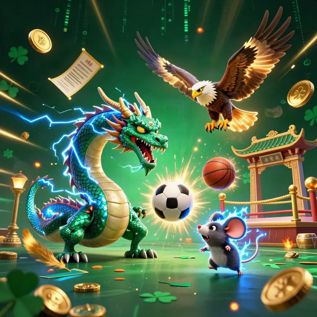 Thunder dragon, hawk, and mouse amid flying balls, gold coins, temple gate, and electric casino effects.