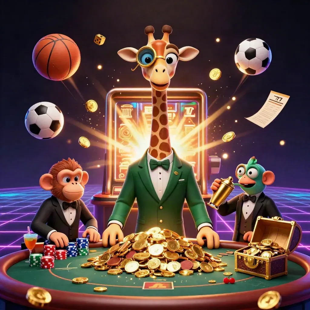 Giraffe, monkey, and chameleon amid poker chips, slot bursts, and flying sports balls