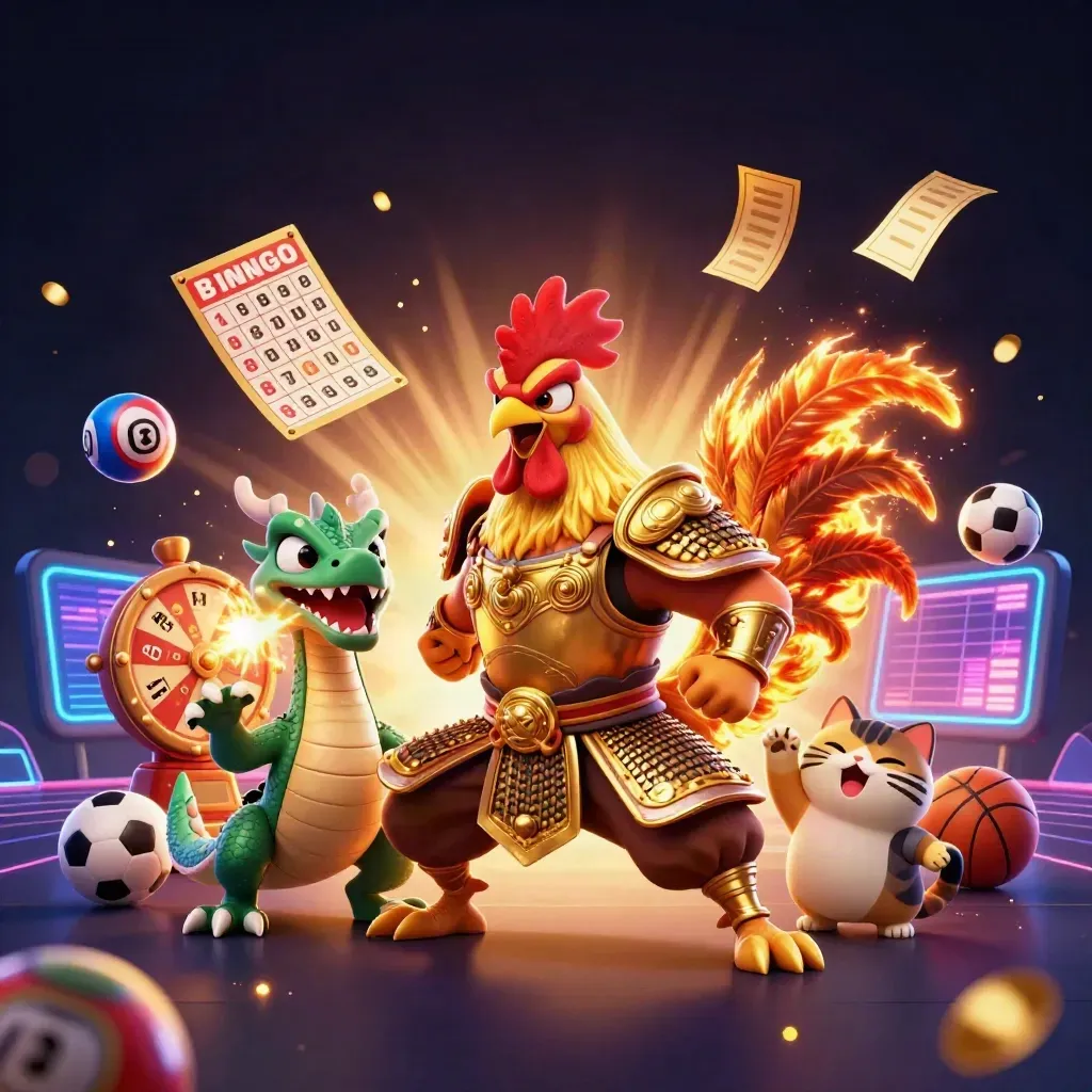 Rooster warrior, dragon hatchling, and fortune-cat amid casino game bursts, neon lights, and floating gold confetti.