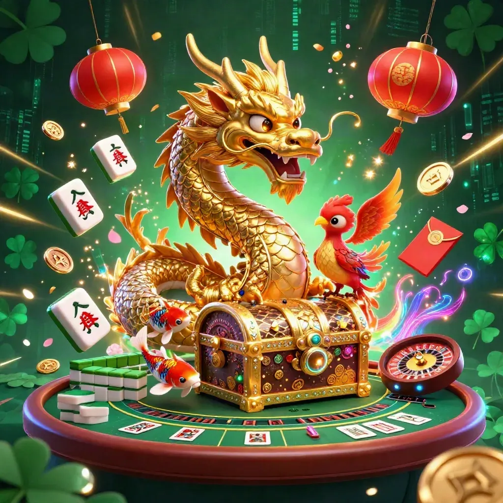 Golden dragon, phoenix, and koi in an emerald neon casino scene with lucky symbols.
