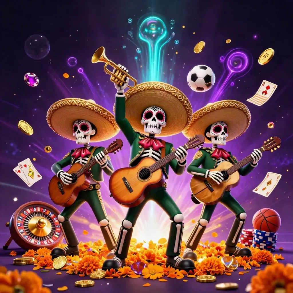 Skeleton mariachi trio amid coins, chips, cards, roulette, and neon purple-cyan casino glow