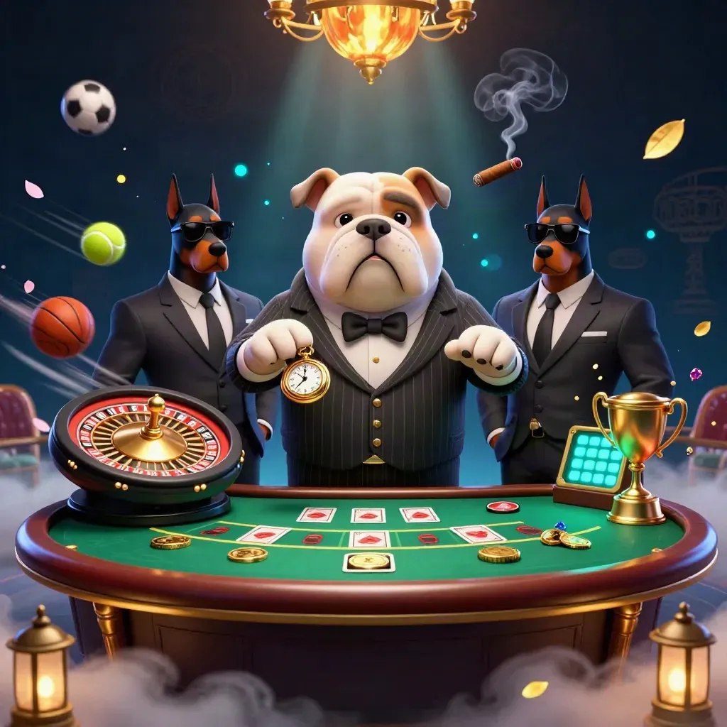 Bulldog poker boss with Dobermans, spinning roulette, flying sports balls, gold coins, chandelier glow.