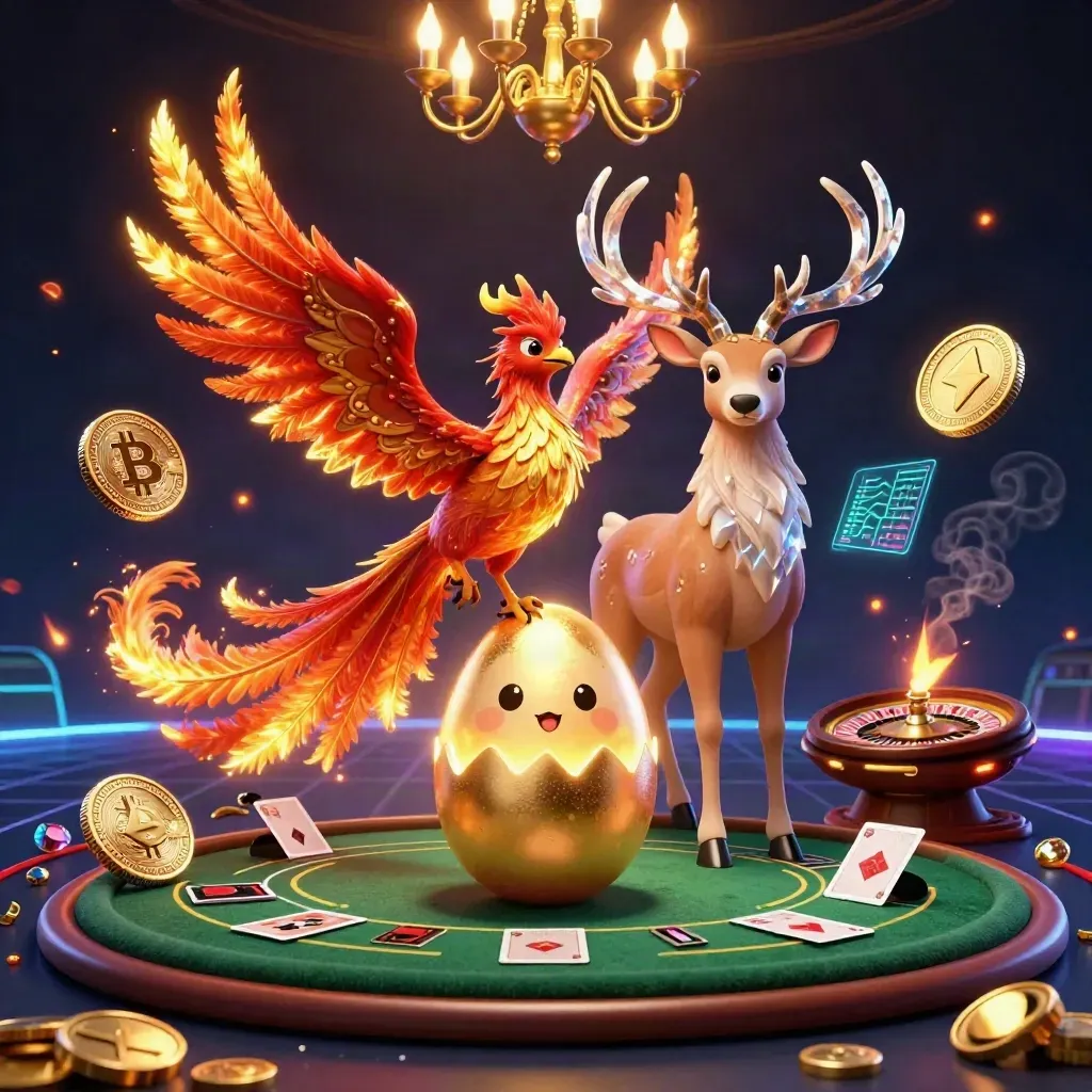 Phoenix, stag, and crypto casino icons in a luxe neon poker room with gold and green glow.