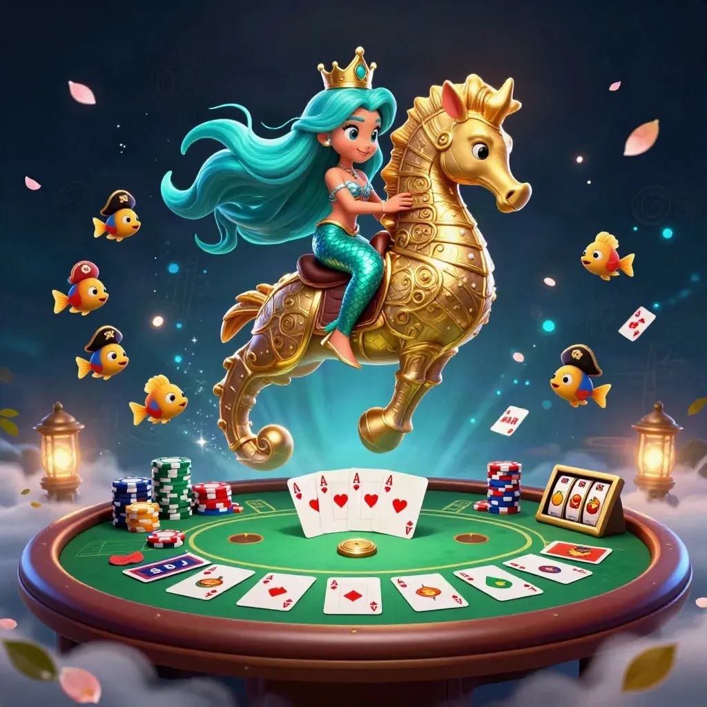 Mermaid princess on armored seahorse amid poker chips, aces, and glowing casino magic.