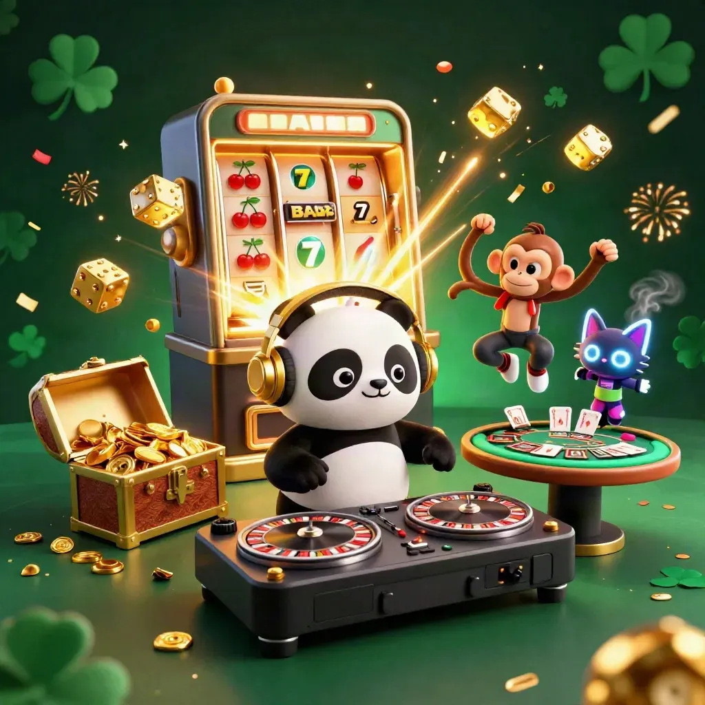 DJ panda, breakdancing monkey, and glow-stick kitten amid casino magic and jackpot bursts.