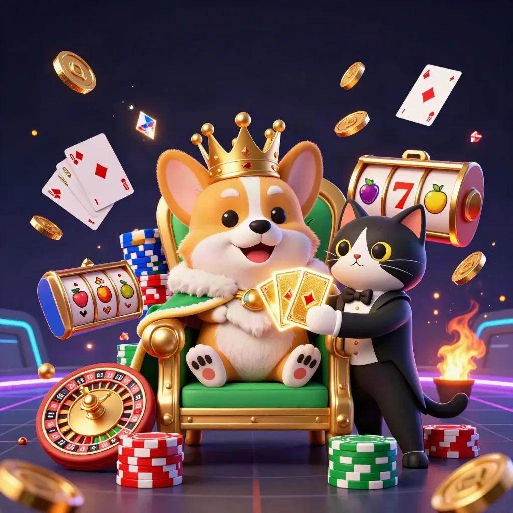 Royal corgi king and cat butler amid chips, coins, roulette wheel, gems, neon casino chaos