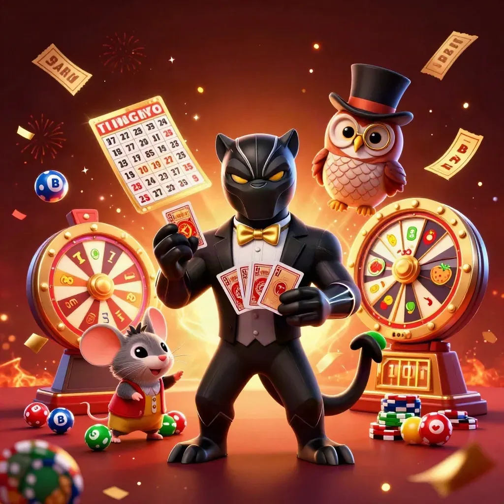 Panther, owl, and mouse in a luxe casino burst amid chips, lottery balls, and fireworks.