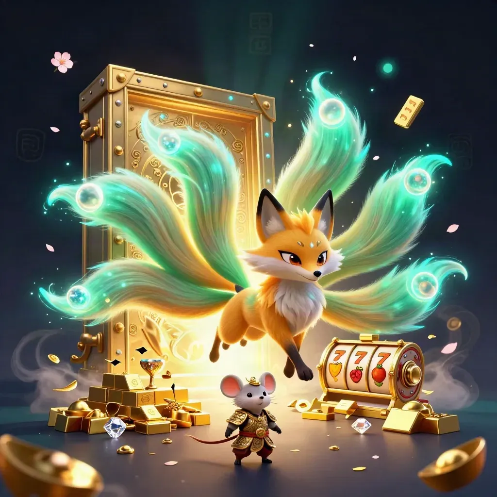 Nine-tailed fox spirit and armored mouse burst from a golden vault amid gems, cyan magic, and casino treasure.