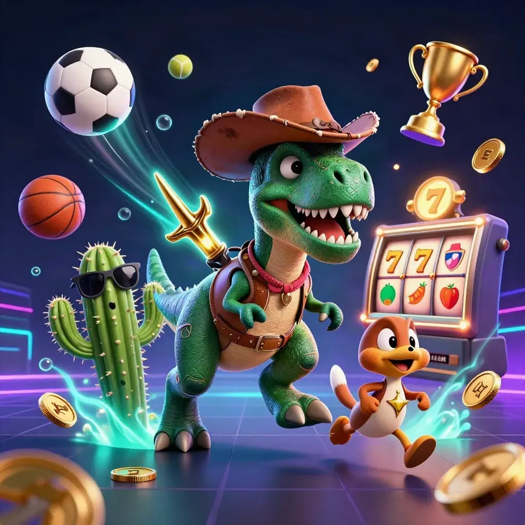 Cowboy T-Rex, cactus and roadrunner amid flying sports balls, coins and neon casino effects
