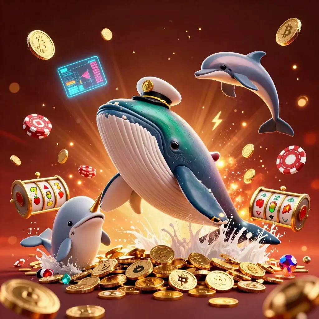 Whale captain, narwhal, and dolphins burst through glowing coins in a fiery casino scene.