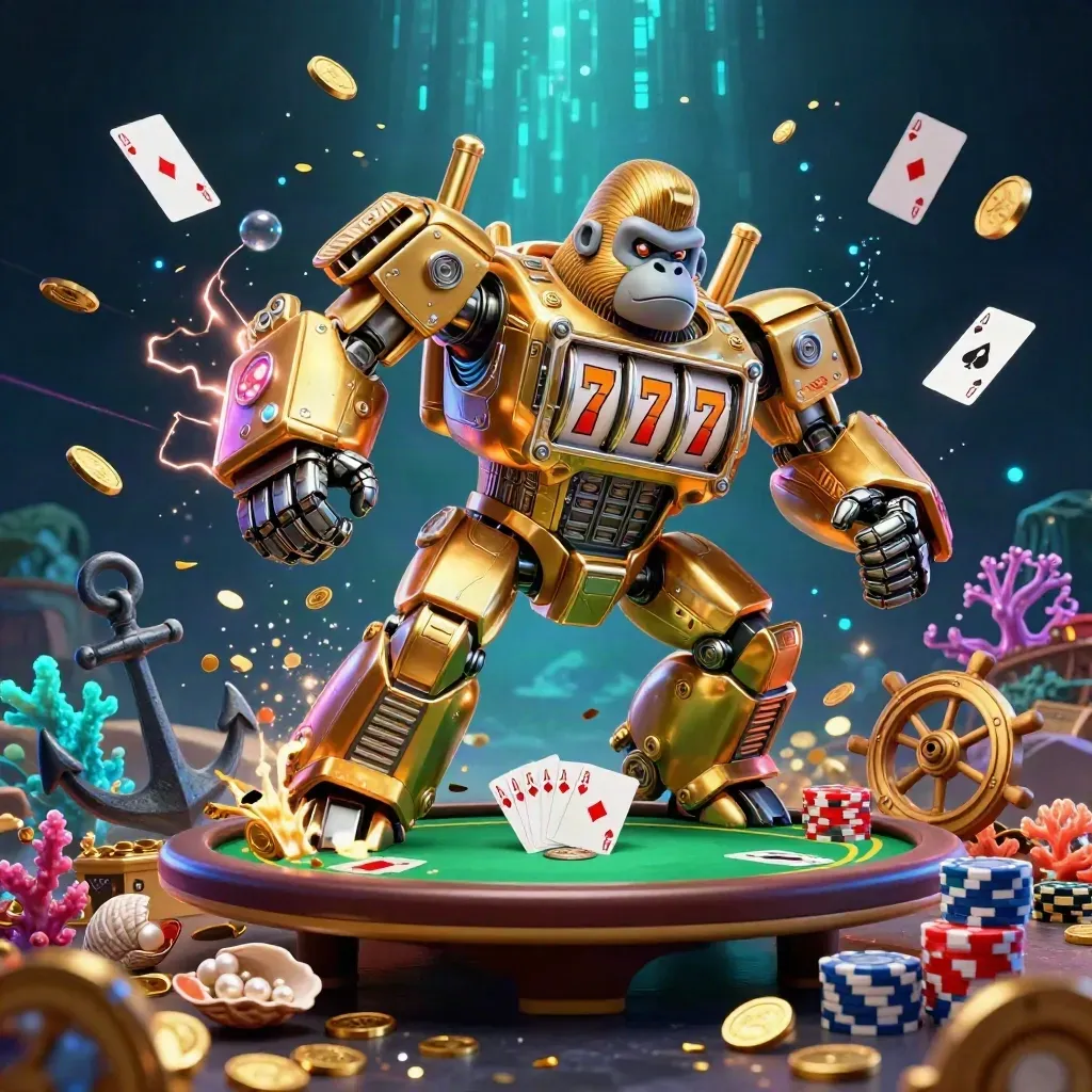 Golden gorilla mech with monkey pilot amid coins, cards, coral, chips, and glowing casino treasure