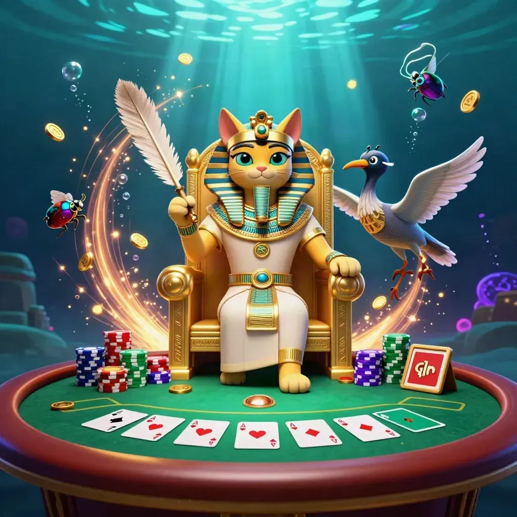 Pharaoh cat, ibis scribe, and scarabs amid poker chips, cards, and glowing underwater treasure
