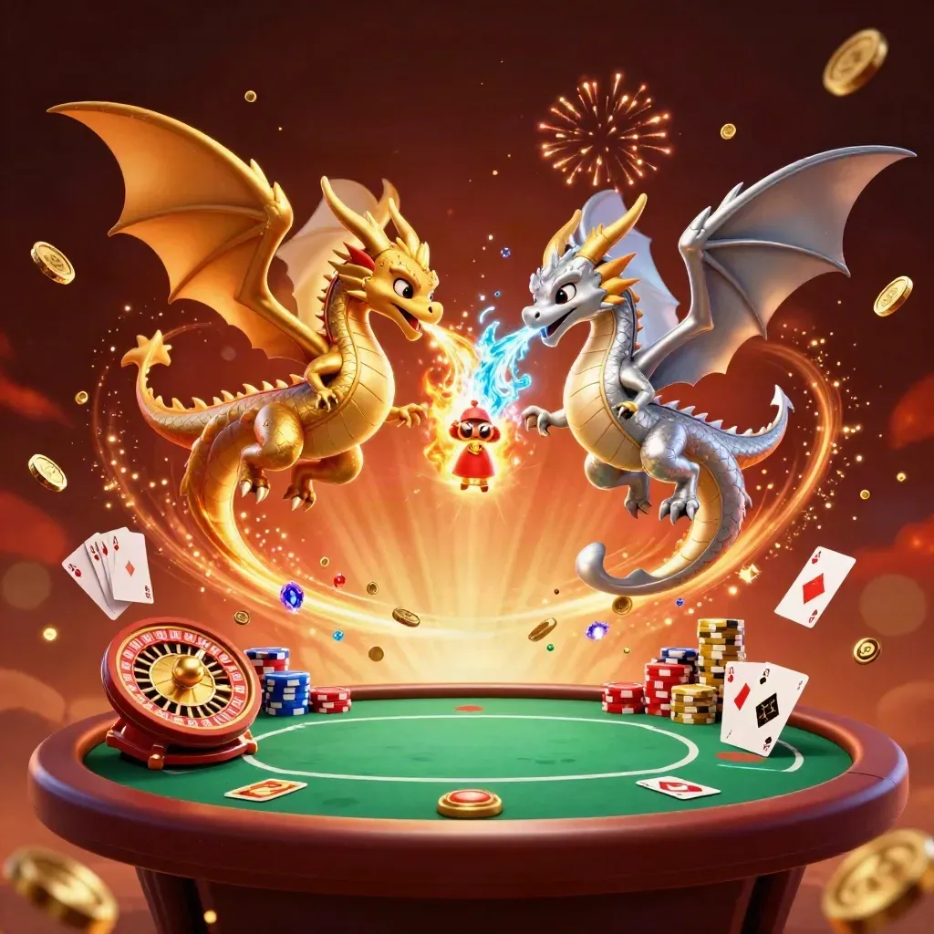 Twin gold and silver dragons circle poker chips, coins, cards, and a glowing roulette wheel.