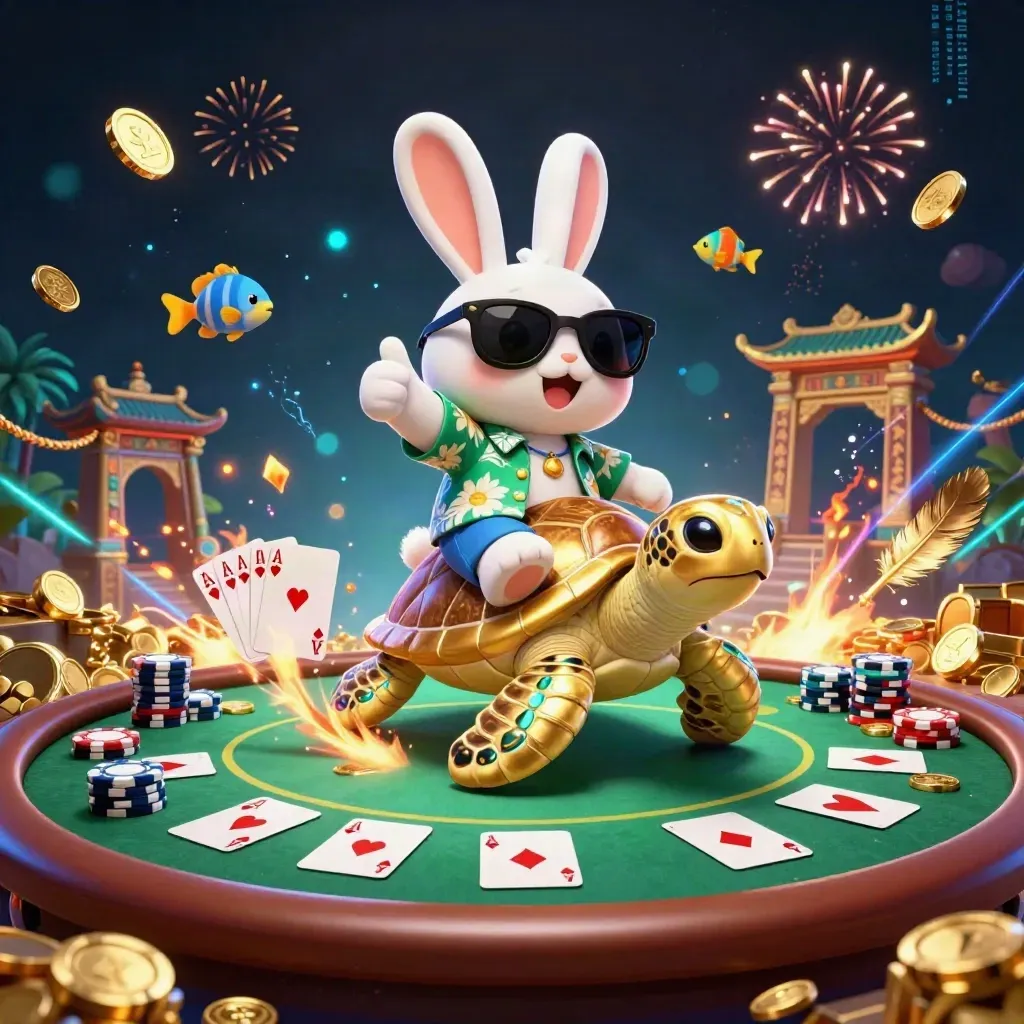 Lucky rabbit rides gem-shell turtle amid poker chips, gold coins, fireworks, and neon casino magic.