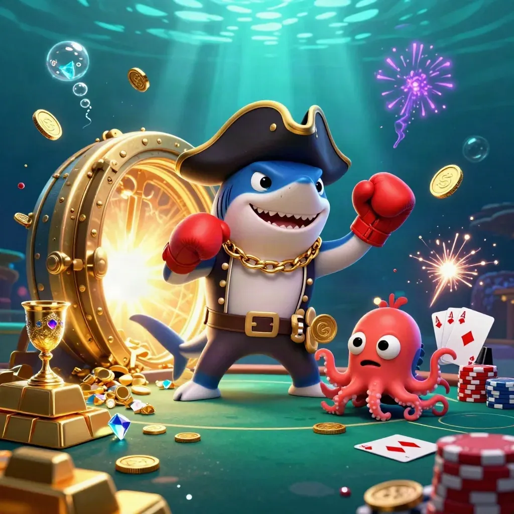 Pirate shark, boxer pufferfish, and juggling octopus amid vault gold, chips, and underwater fireworks.