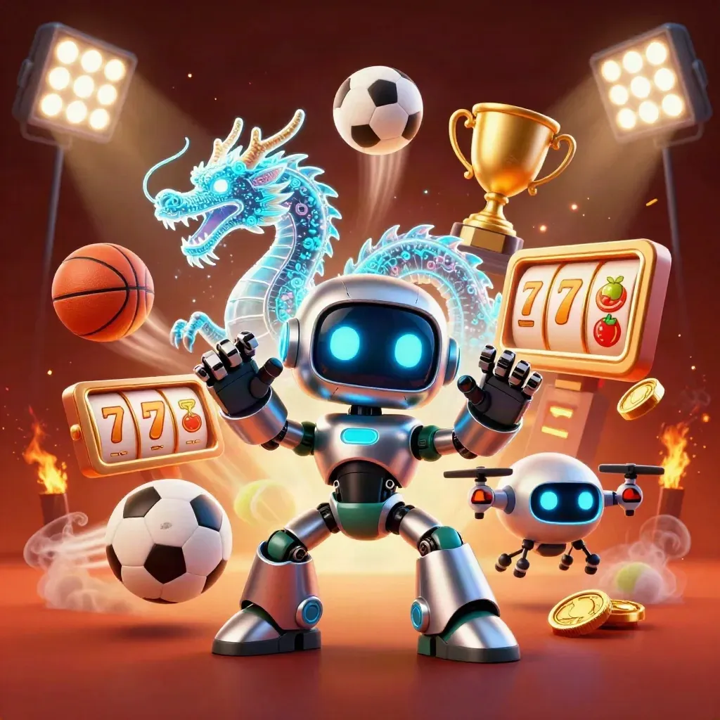 Cyberpunk robot, holographic dragon, and coin drone amid casino effects and gold coins.