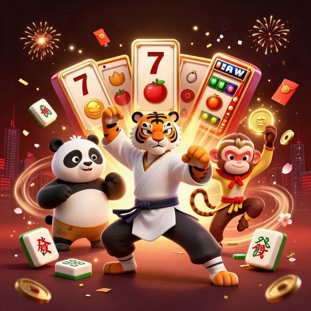Kung-fu tiger, panda, and monkey with casino reels, mahjong, coins, lanterns, and fireworks.
