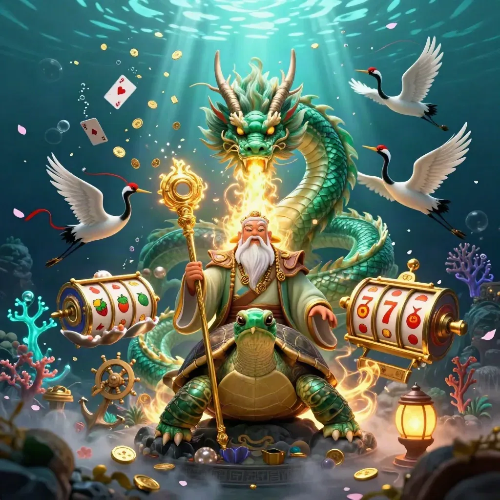 Emerald dragon, turtle sage and cranes amid gold coins, coral, cards and underwater casino relics