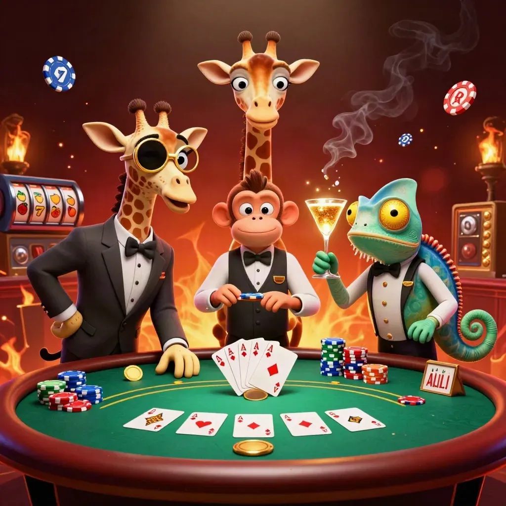 Giraffe, monkey valet, and chameleon bartender at a poker table with chips and ember glow.