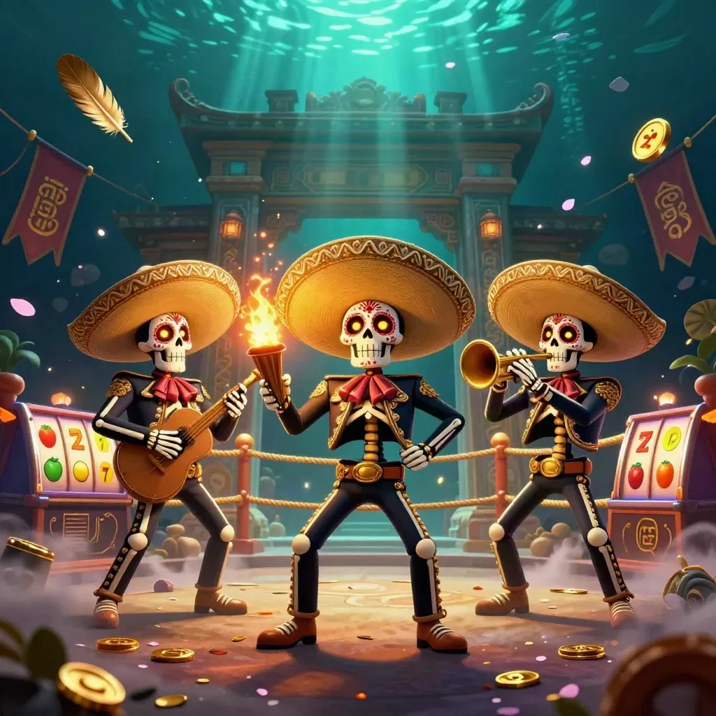 Skeleton mariachi trio in gold sombreros amid poker and casino magic, underwater teal glow