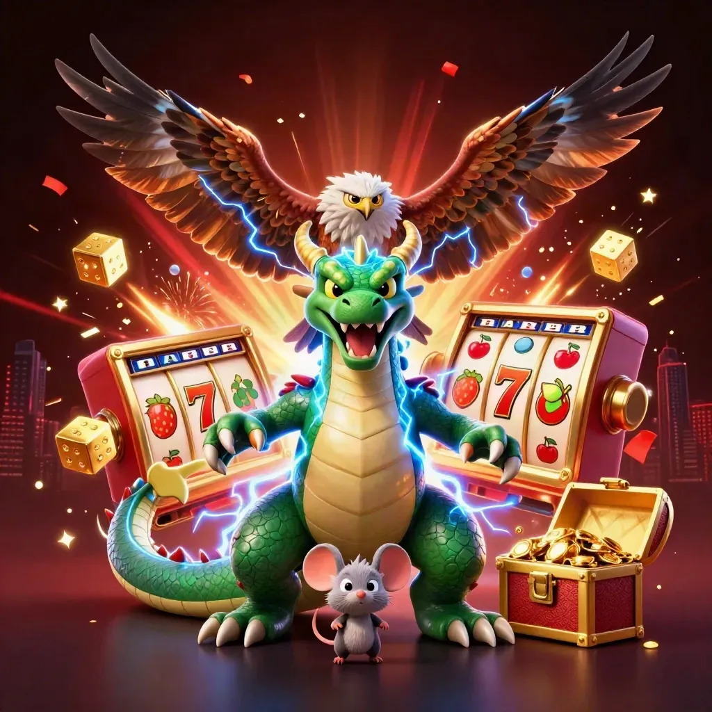 Thunder dragon, wind hawk, and static mouse amid jackpot reels, dice, gold, and blue lightning.
