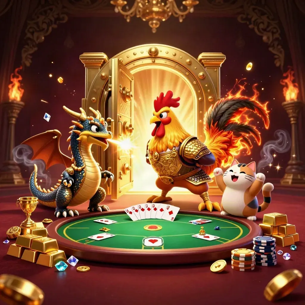 Rooster warrior, dragon hatchling and fortune-cat amid vault gold and poker chips.