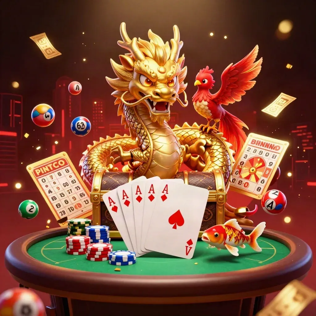 Golden dragon and phoenix over poker chips, bingo balls, wheel, and treasure chest in luxe casino art.