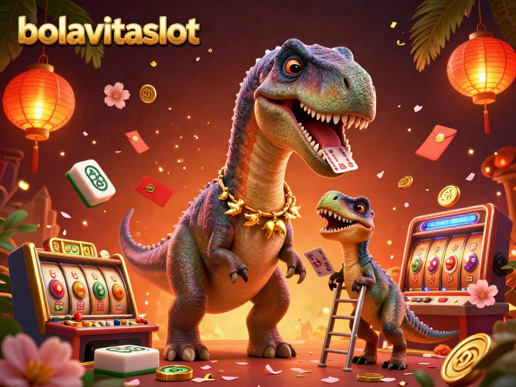 Engage in thrilling gameplay at bolavitaslot with a whimsical scene featuring a giant brontosaurus in a vibrant casino.