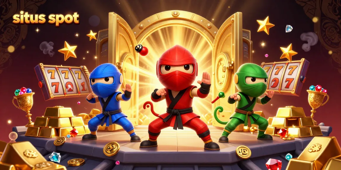 Synchronized martial arts poses by ninja chameleons amidst rich casino elements, featuring situs slot visuals for an engaging digital scene.