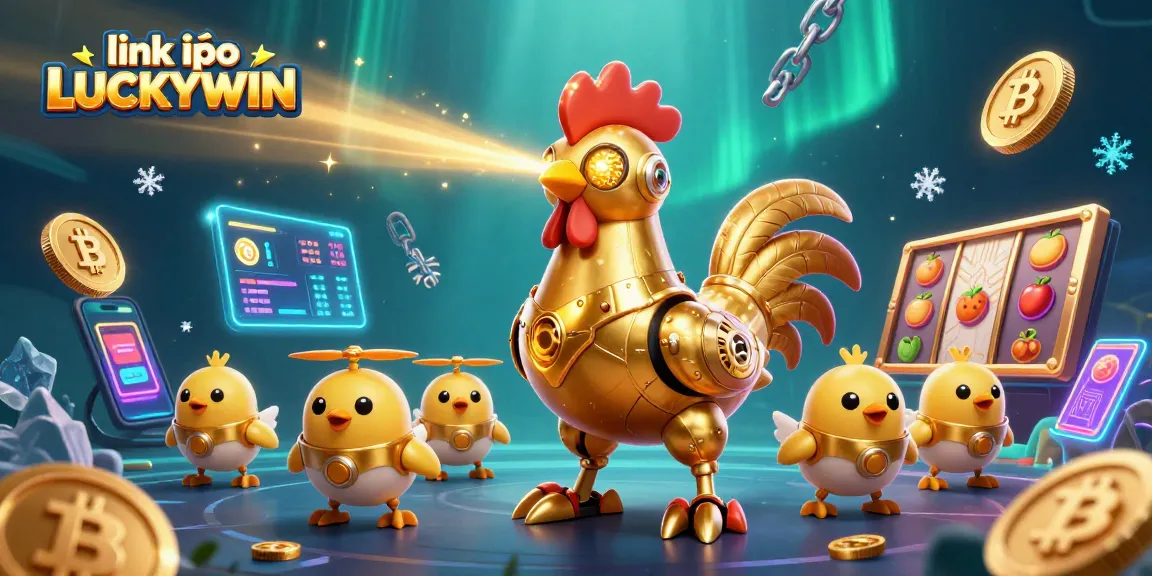 Experience winning at link vào LUCKYWIN with this dynamic scene featuring a golden rooster robot and baby chick drones amid casino elements.