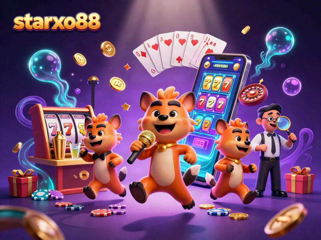 Experience entertainment at starxo88 with a lively casino scene featuring hyena characters and dynamic gaming action.
