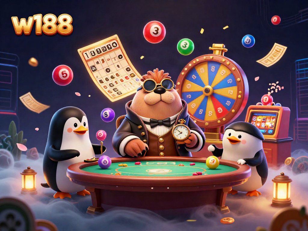 Engage with the dynamic world of w188 through a lively underwater poker scene featuring a jolly walrus and friends.
