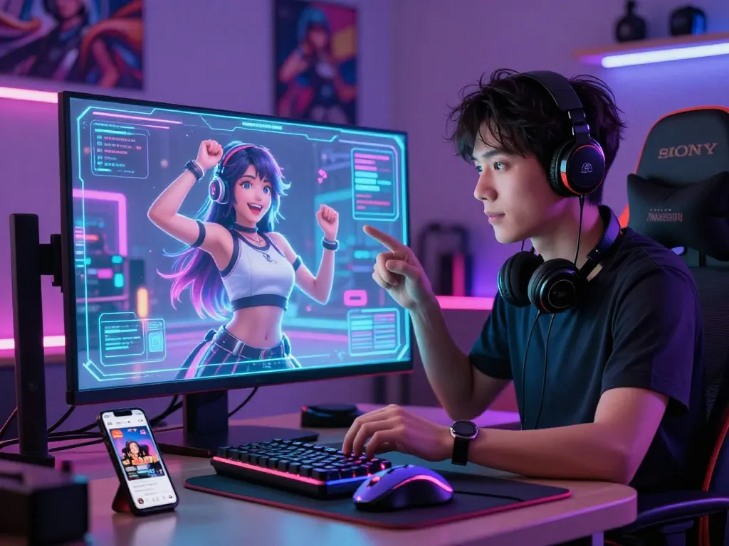Engaging user interaction with NSFW AI character in futuristic gaming setup